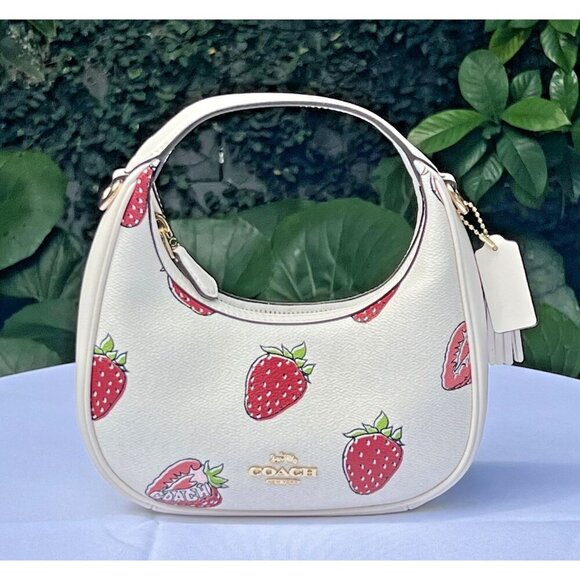Coach Exclusive Carmen Mini Crossbody Bag With Strawberry Print Gold/Chalk - Picture 1 of 9